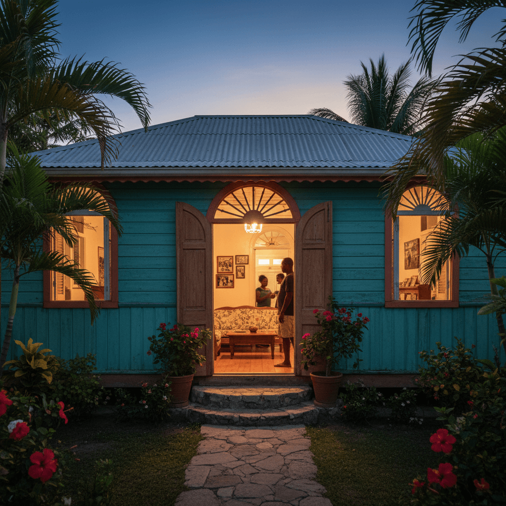 Welcoming Caribbean home entrance at dusk