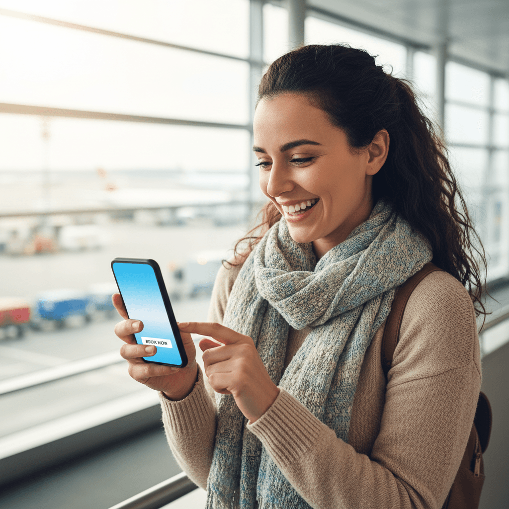 Happy traveler looking at phone and smiling while booking something