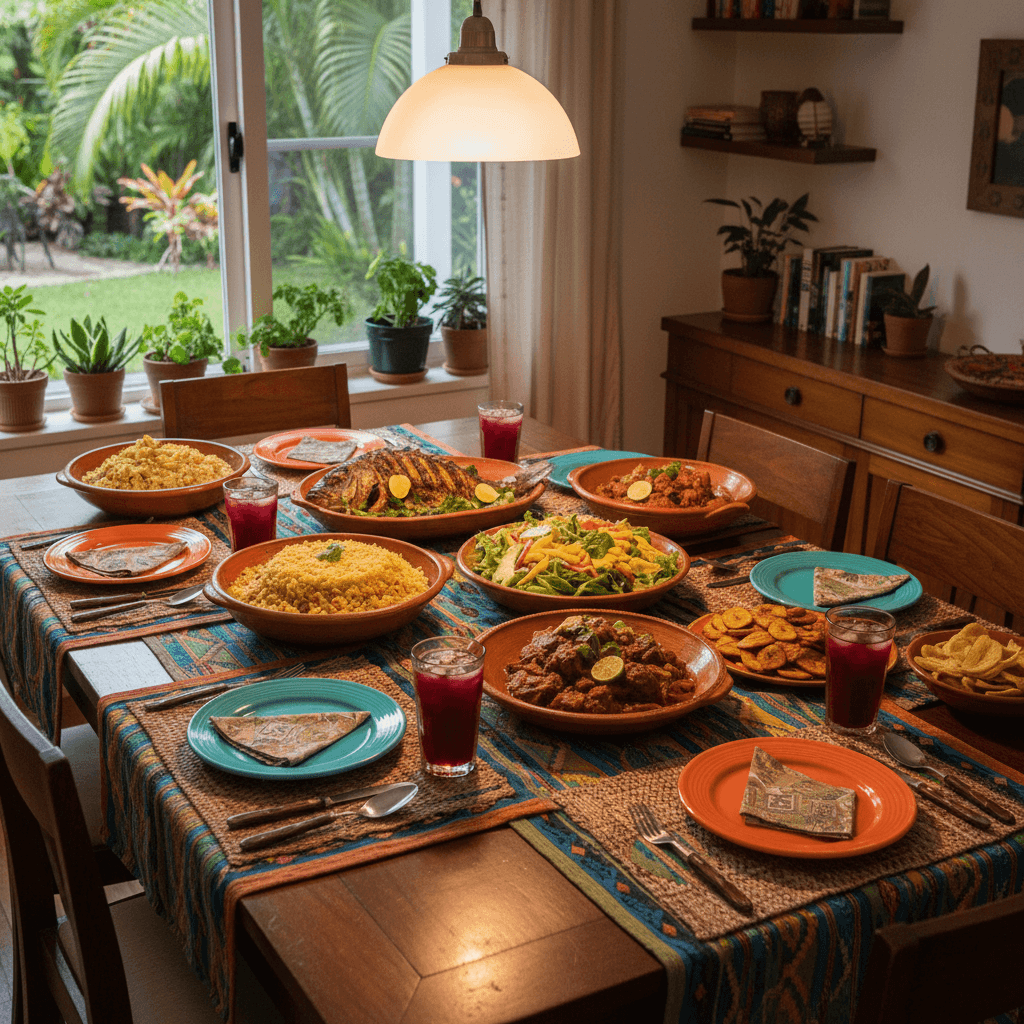 Colorful Caribbean dishes on a family dining table