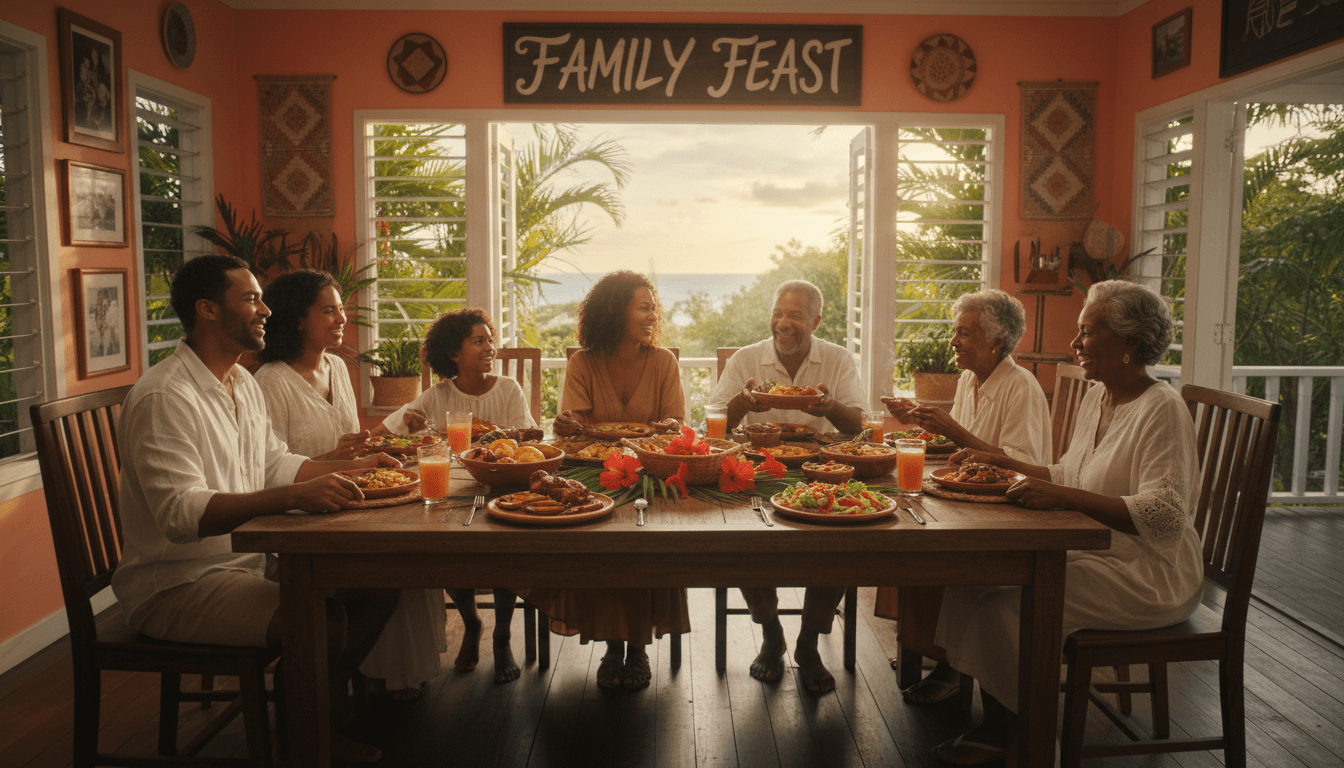Caribbean family sharing a home-cooked meal together at their dining table