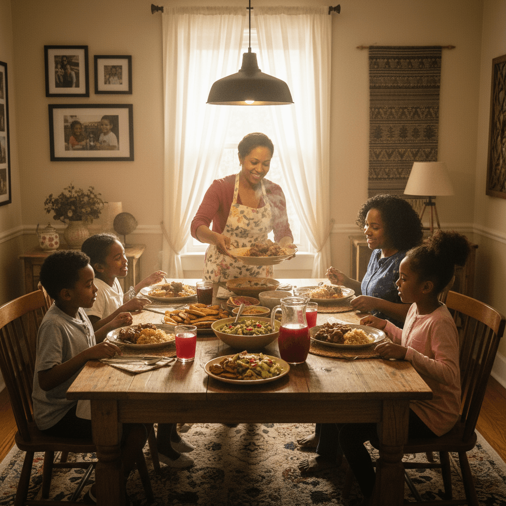 Home cook serving a traditional dish at a family dinner table
