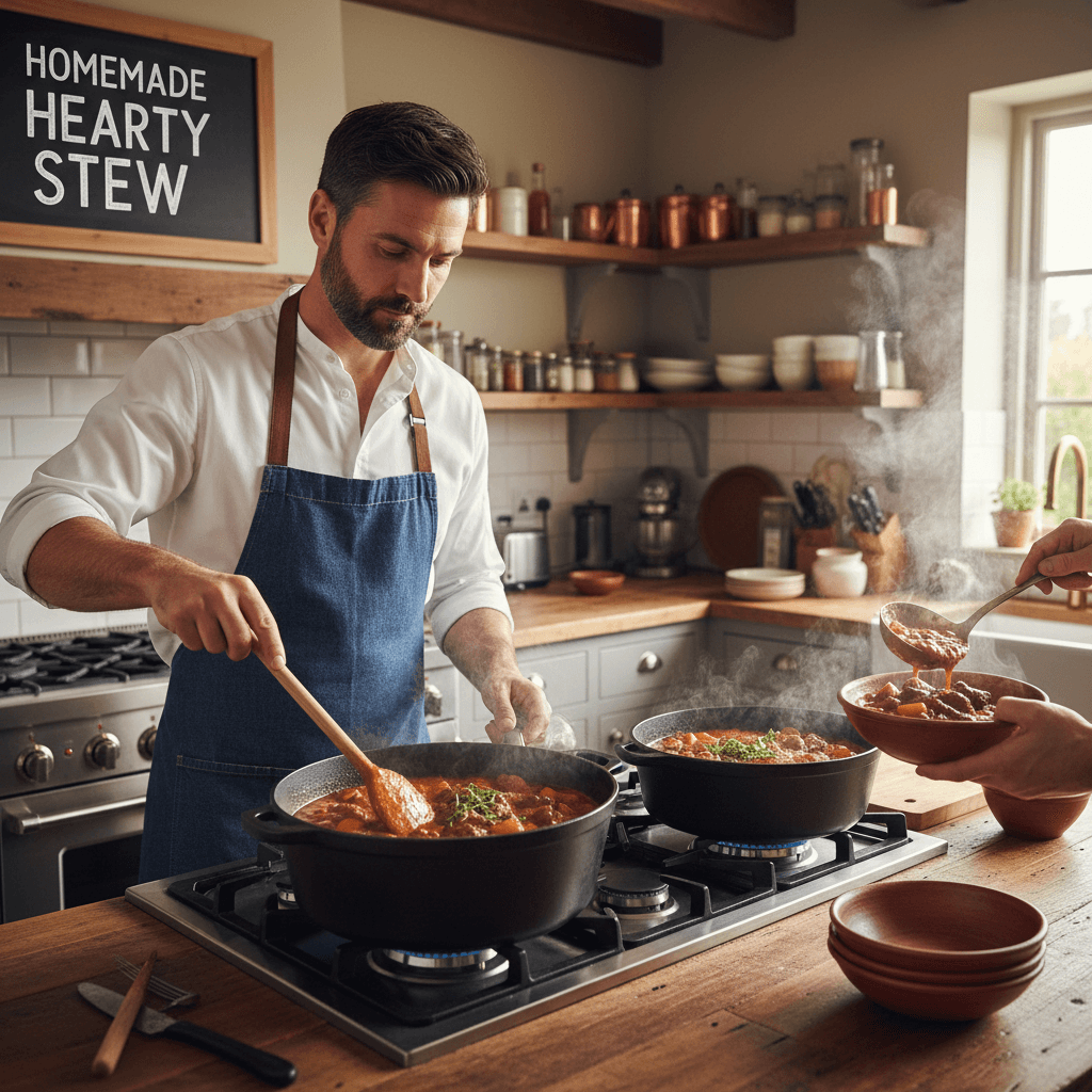 Cook preparing a pot of stew in a home kitchen