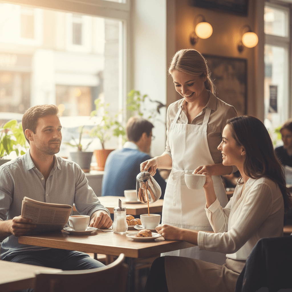 Waitress pouring coffee at table for relaxed satisfied diners