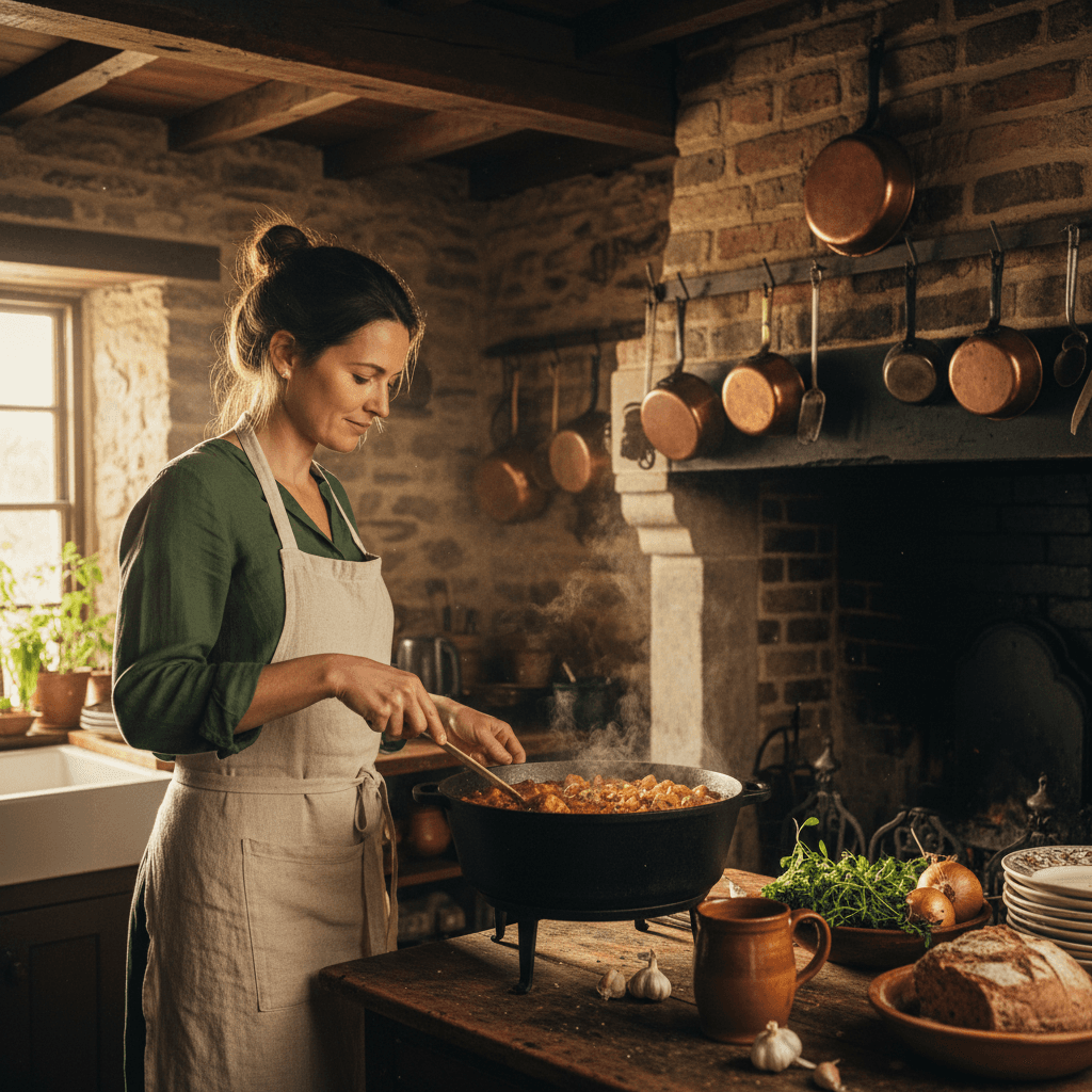 Home cook stirring a pot of stew in her kitchen