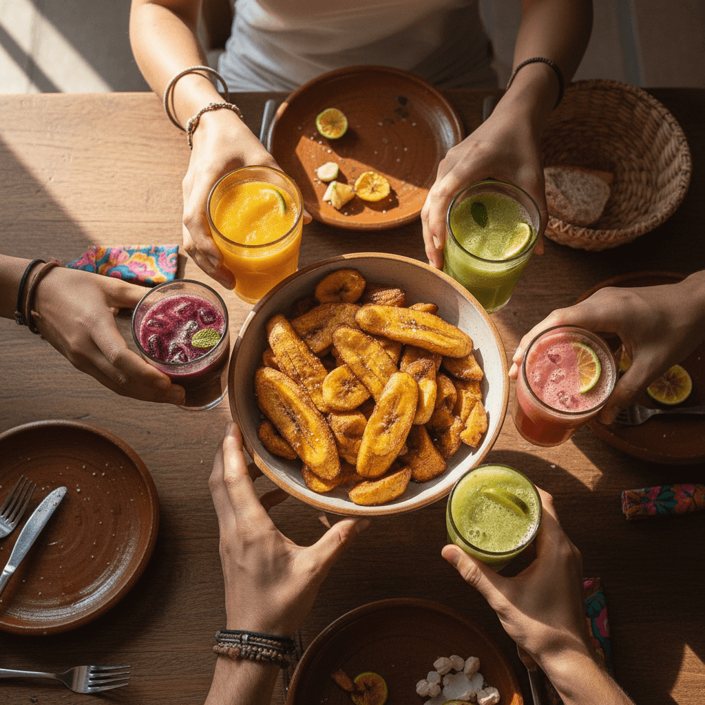 Hands passing fried plantains around the table