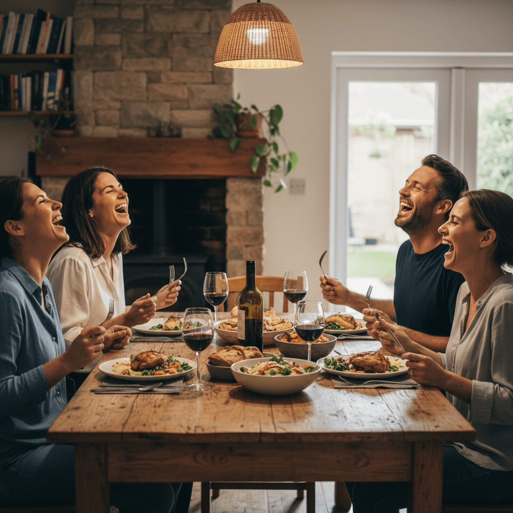 Guests laughing together over a shared meal