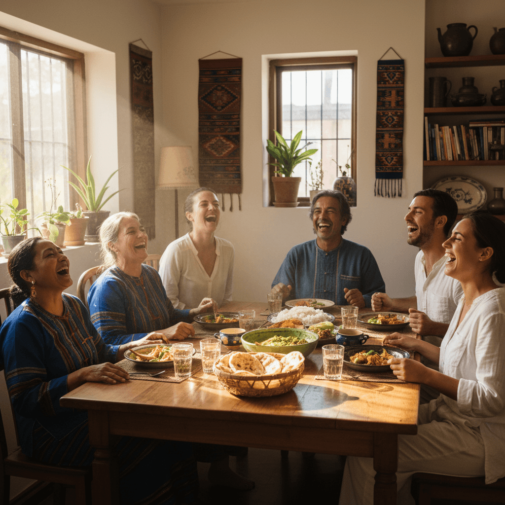 Travelers sharing a meal and laughing with local hosts around a dining table