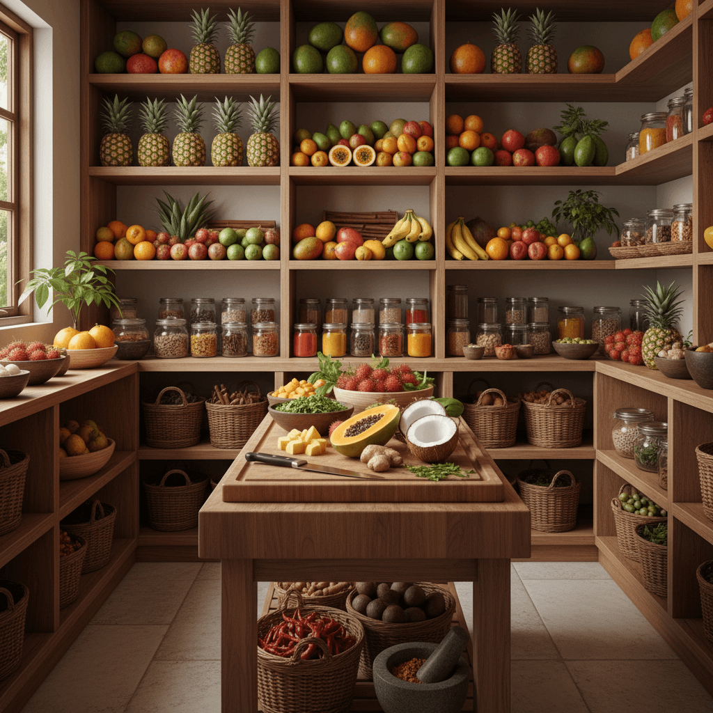 Walk-in pantry with fresh tropical fruits and spices ready to cook