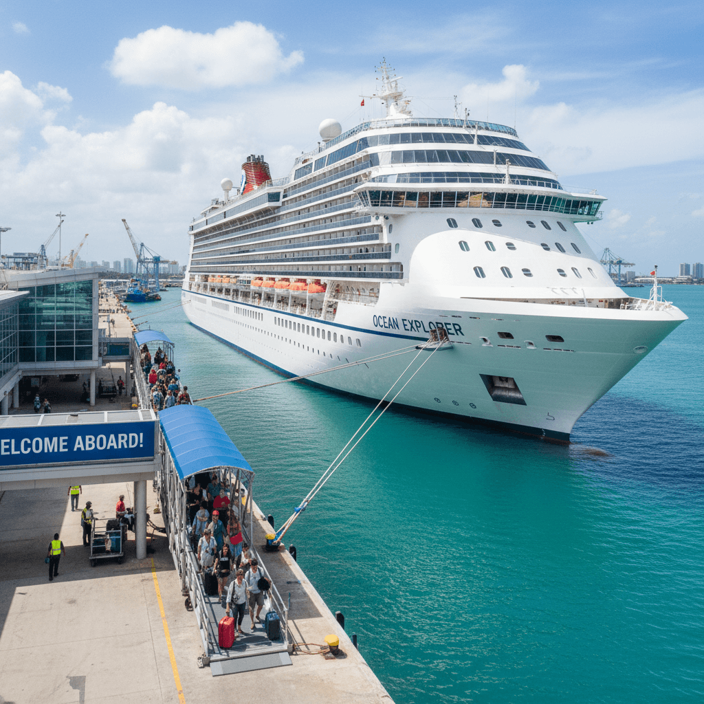 Cruise ship docked at port with passengers walking up gangway