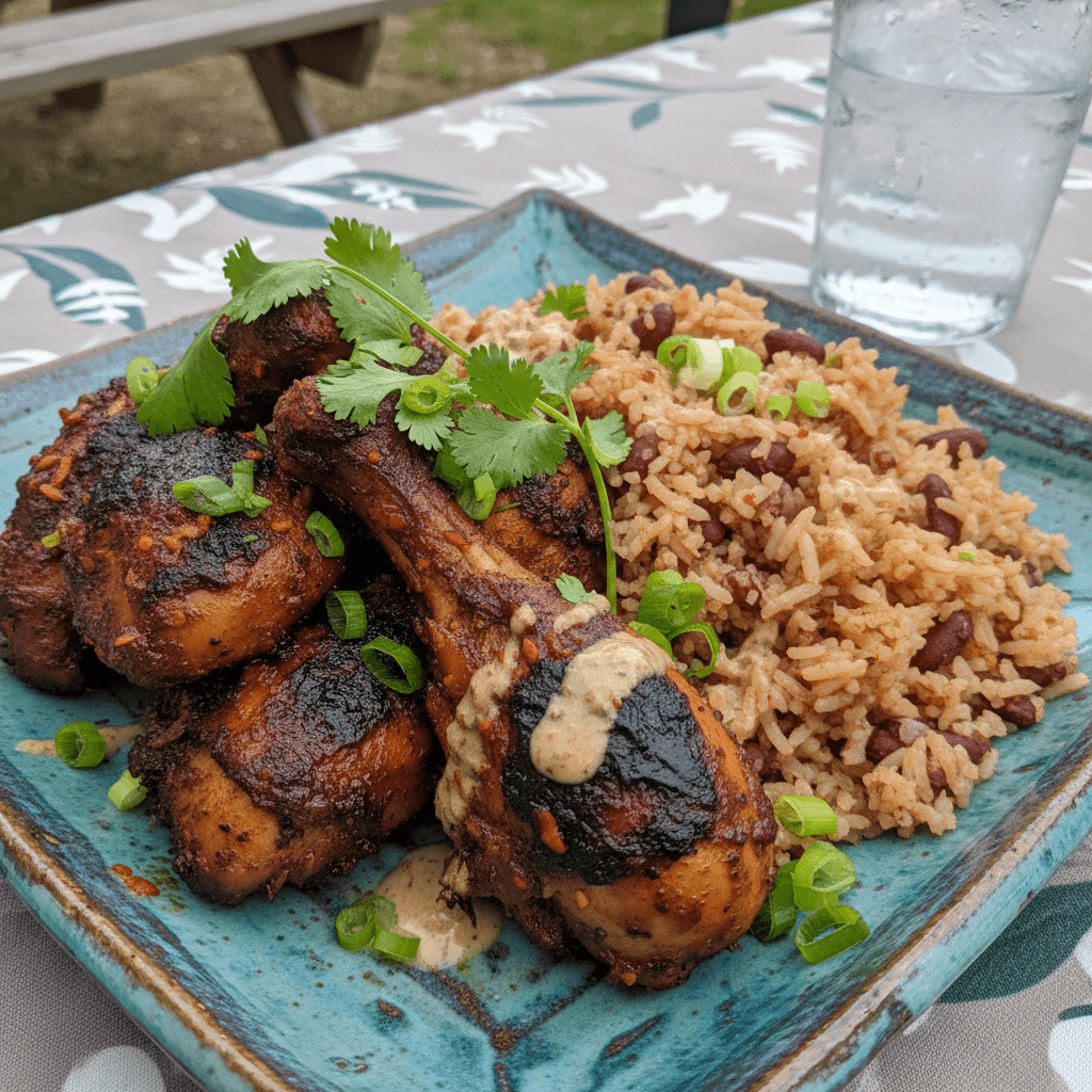 Plated jerk chicken with rice and peas