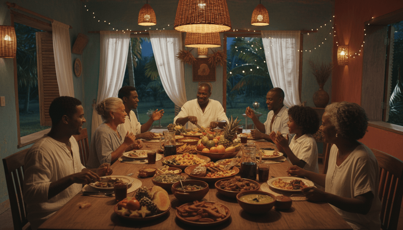 Warm family dinner table with Caribbean dishes and guests