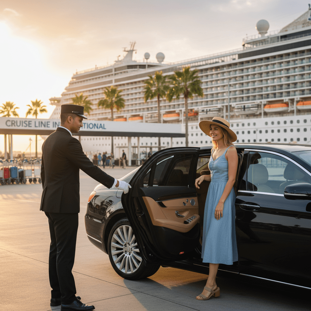 Driver opening car door for passenger near cruise port