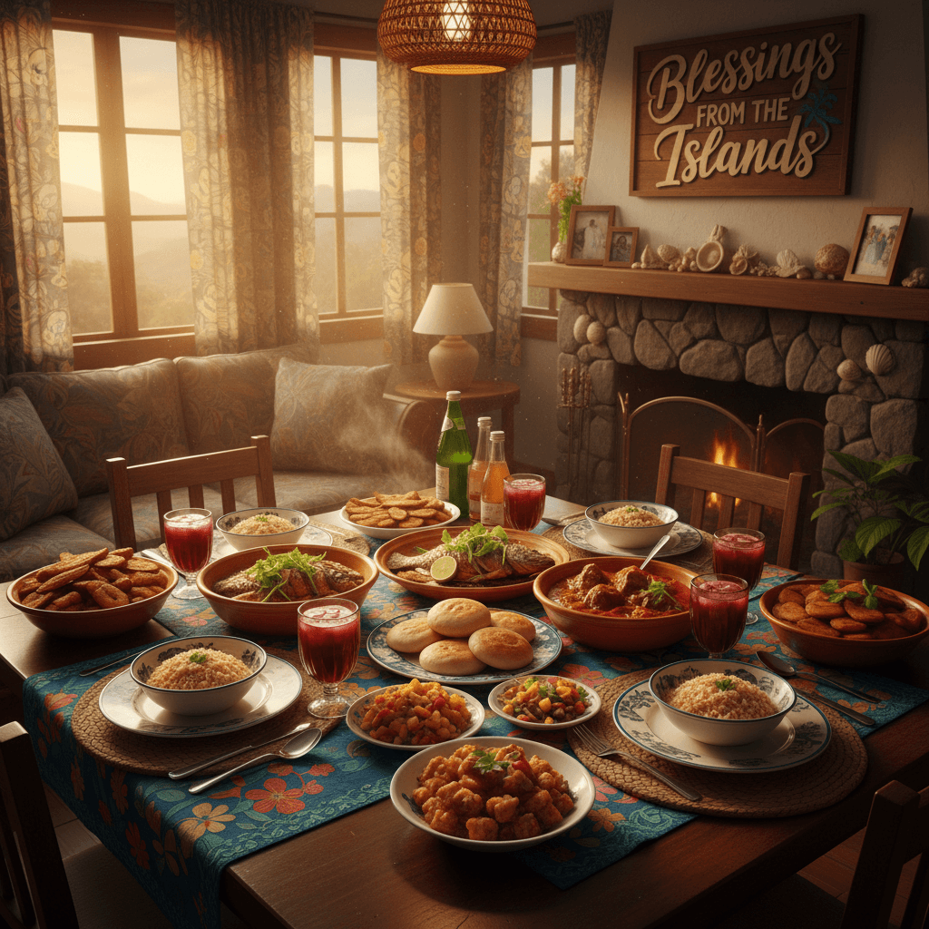 Set dinner table with traditional Caribbean dishes in a cozy family home
