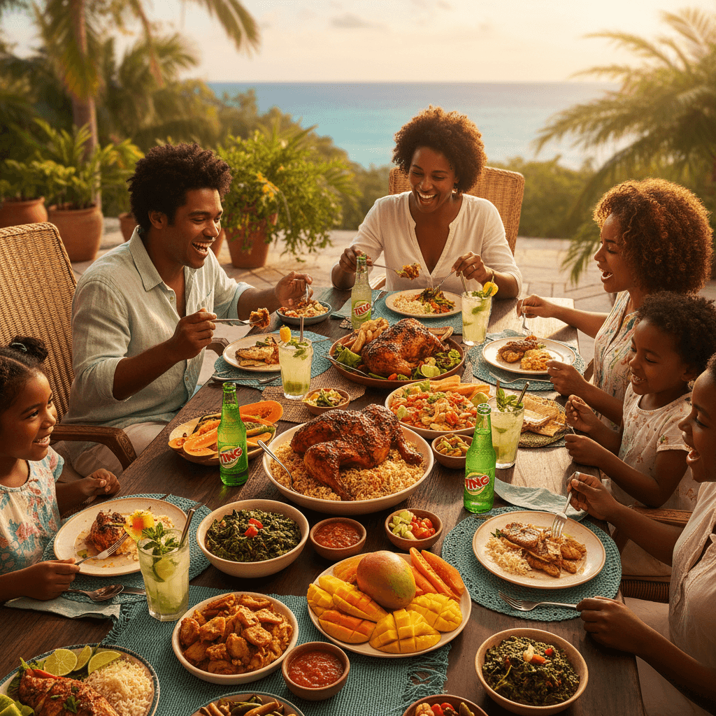 Caribbean dishes on a table with guests enjoying the meal
