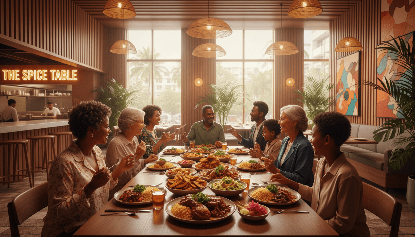 Local Caribbean family sharing a home-cooked meal together at a warmly lit dining table