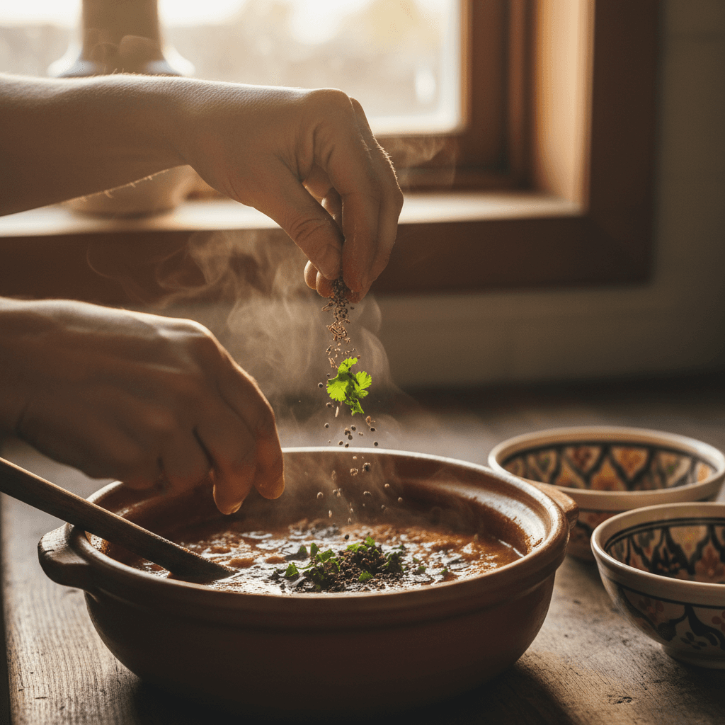 Local home cook stirring pot in bright family kitchen with fresh ingredients