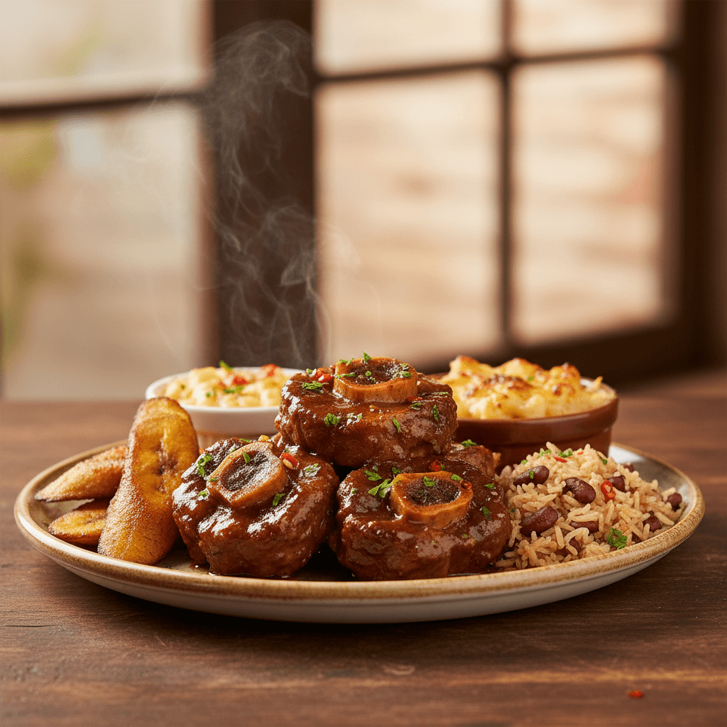 Steaming home-cooked Caribbean seafood dish served in ceramic bowl on wooden table