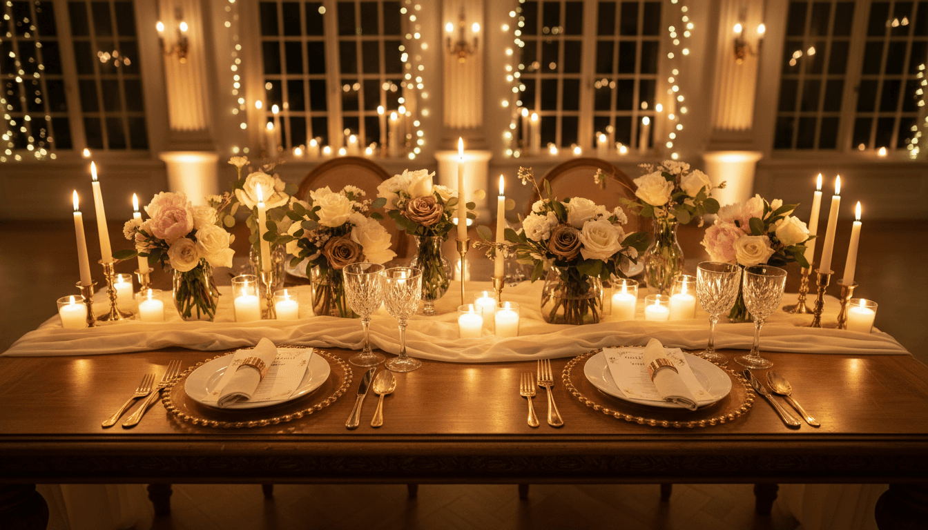 Intimate home dining setup with candles and tropical plants in background