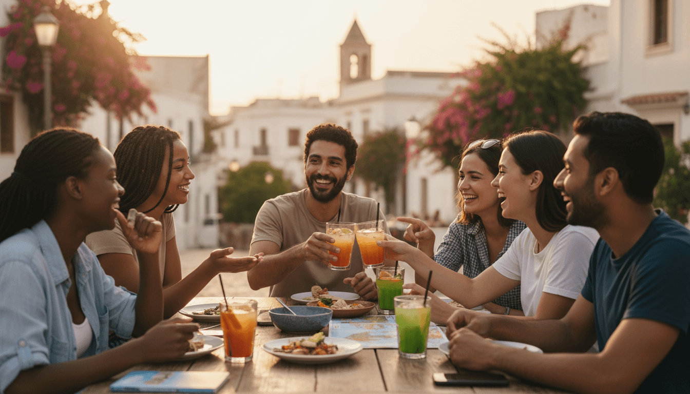 Small group of travelers laughing around a dining table with local hosts