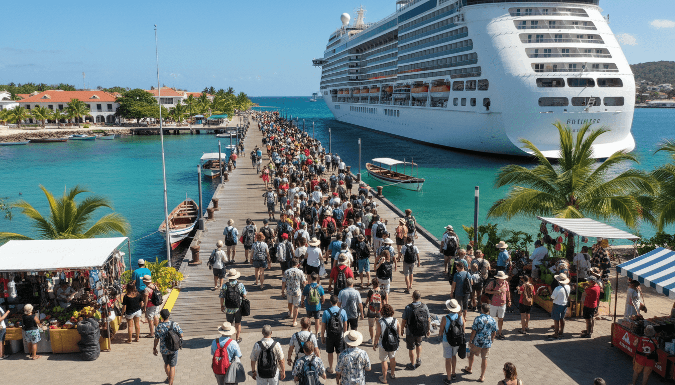Cruise ship docked at a sunny port with passengers walking