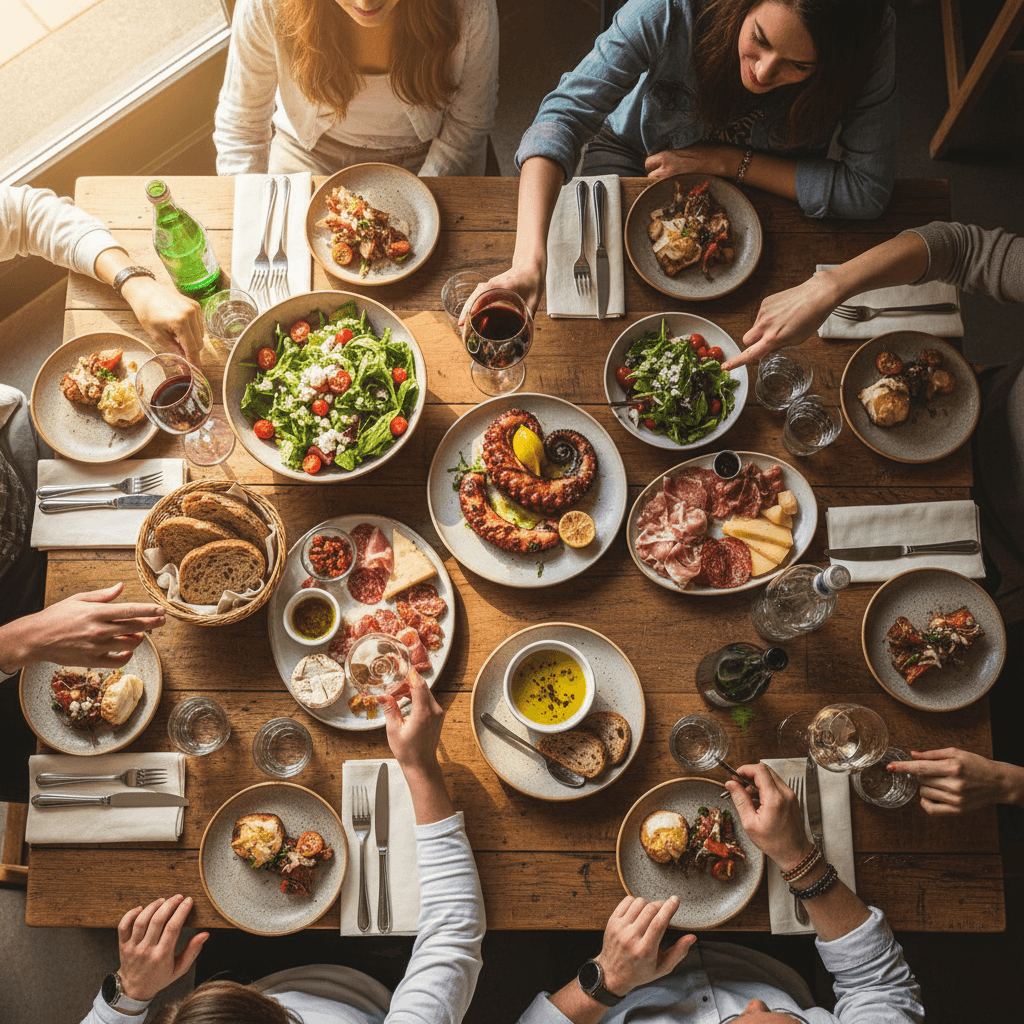 Small group of guests enjoying meal together around dining table in home
