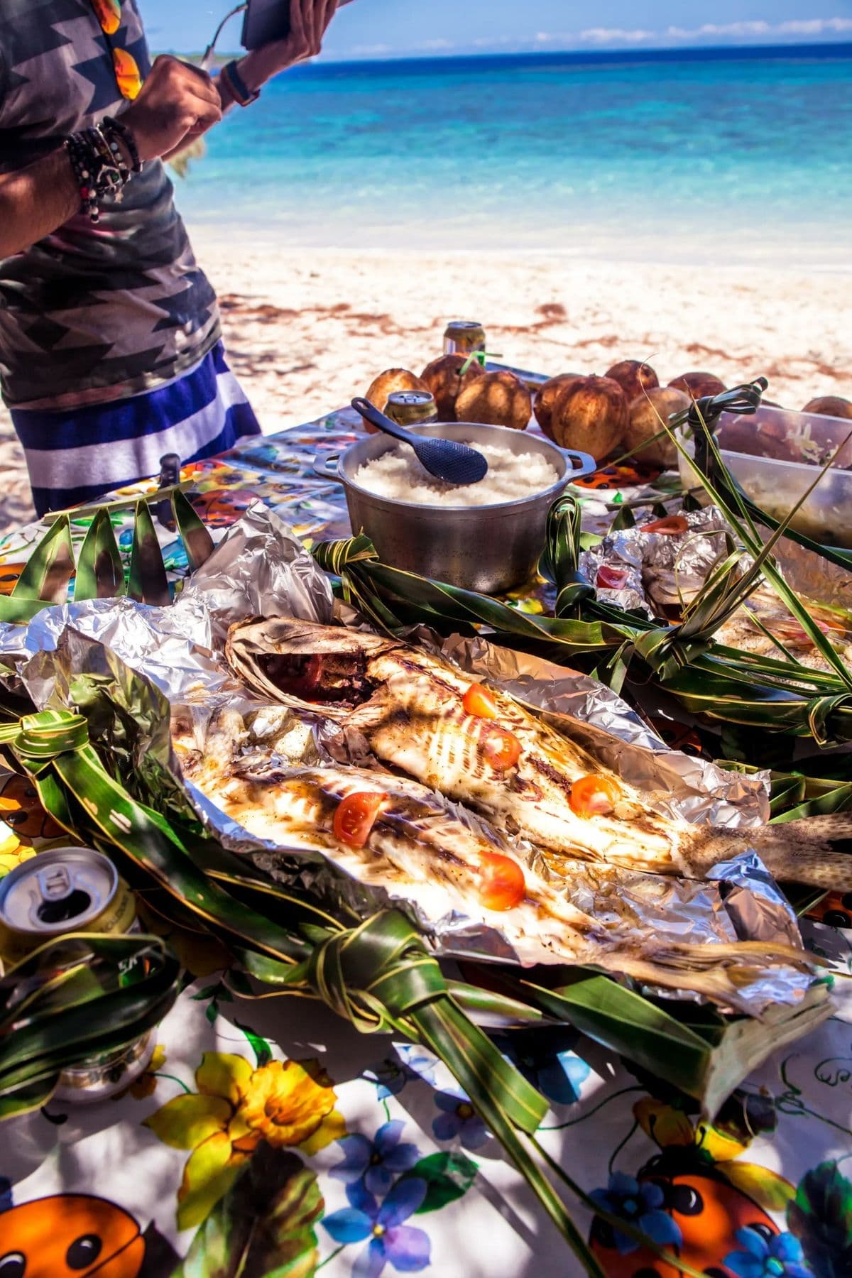 Grilled fish, rice, and coconuts served at a beach picnic overlooking turquoise ocean water.