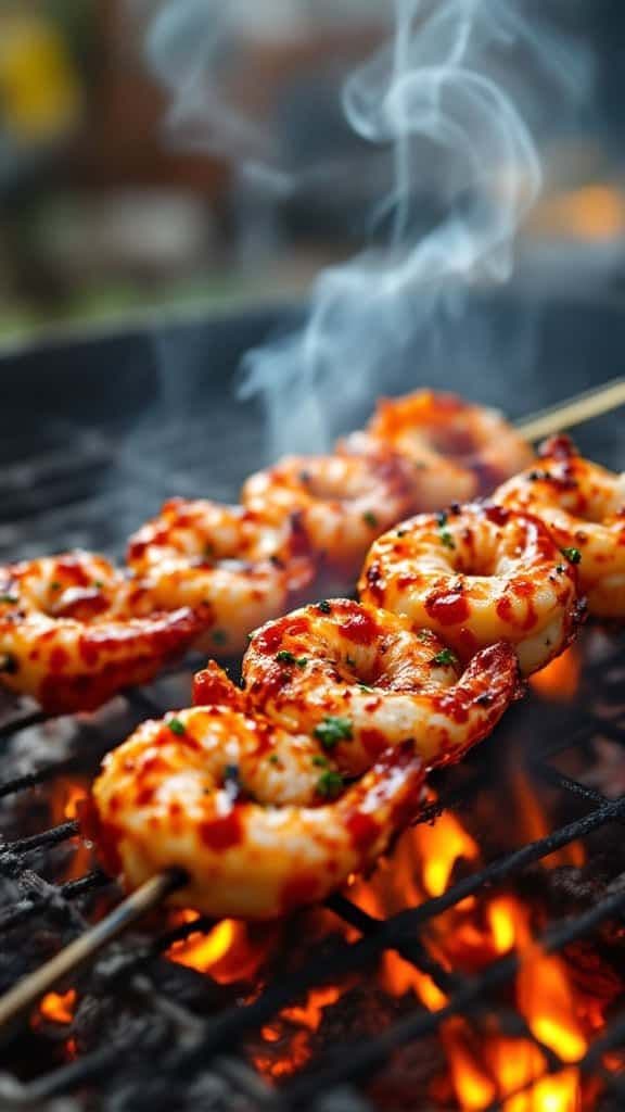 Glazed shrimp skewers grilling over an open flame with rising smoke and fresh green herbs.