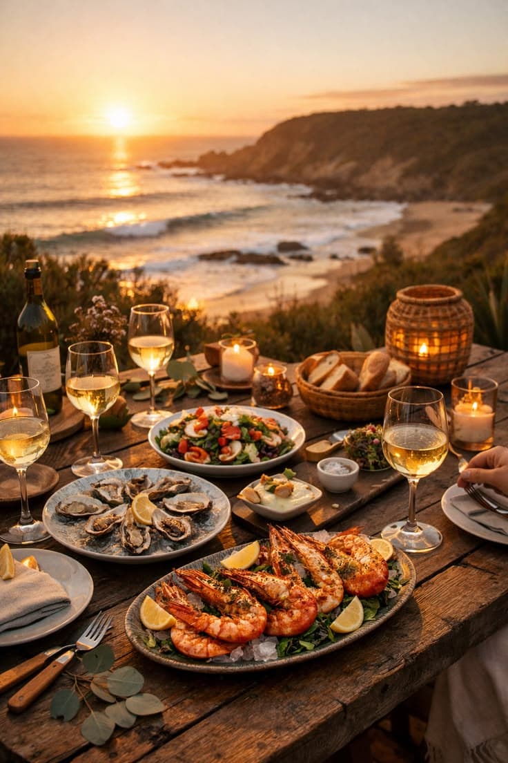 Candlelit seafood dinner with wine on a wooden table overlooking a scenic coastal sunset.