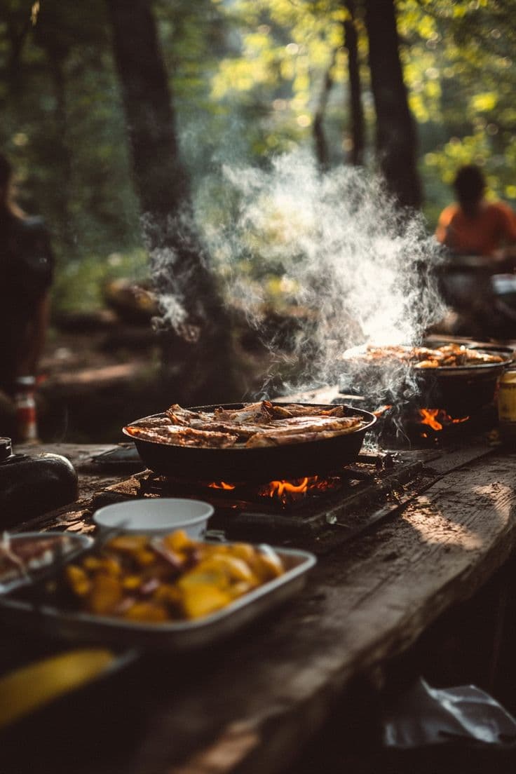 Steam rises from pans of food cooking over open flames in a sunlit forest campsite.