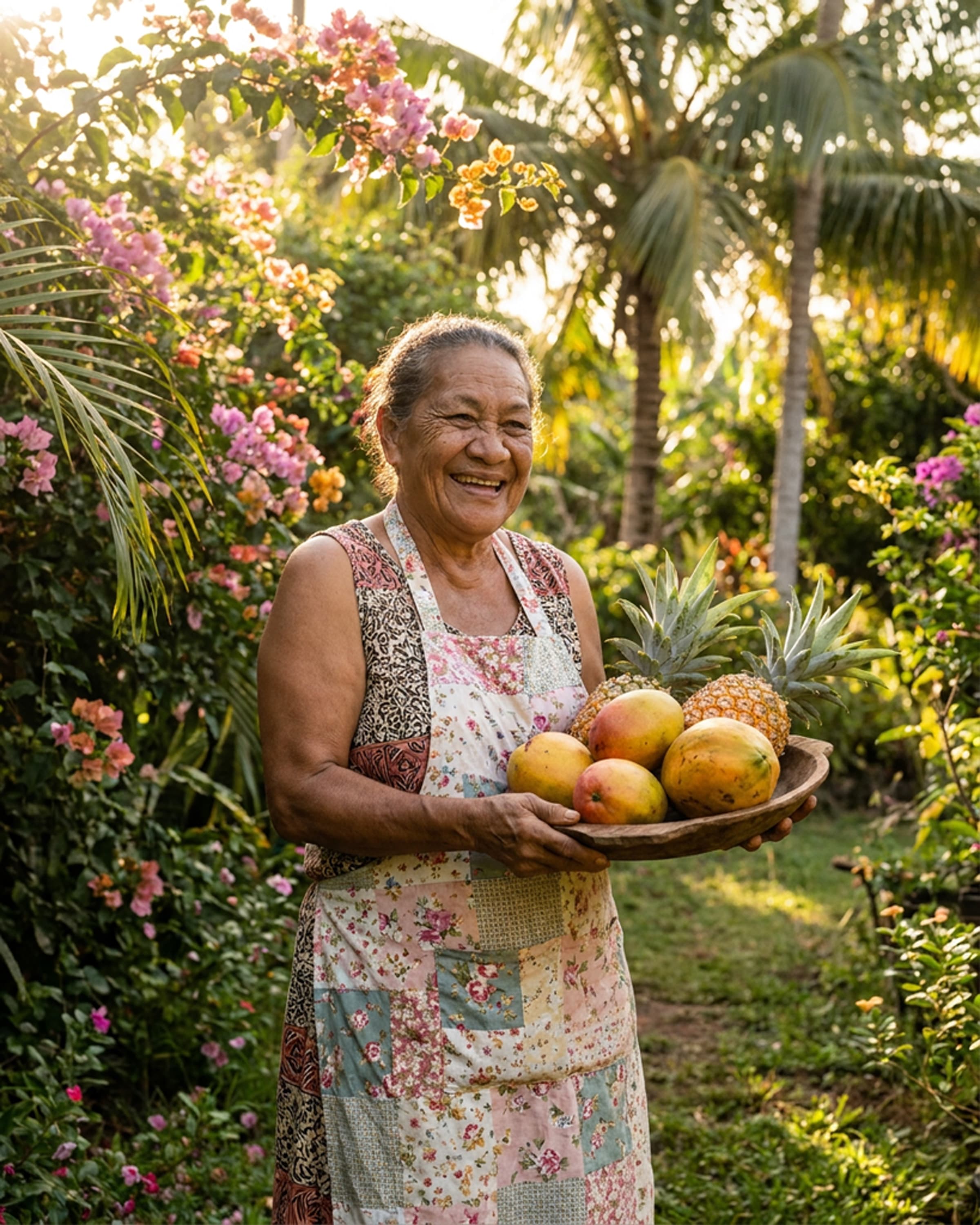 Smiling elderly woman holding a wooden bowl of tropical fruit in a lush garden.