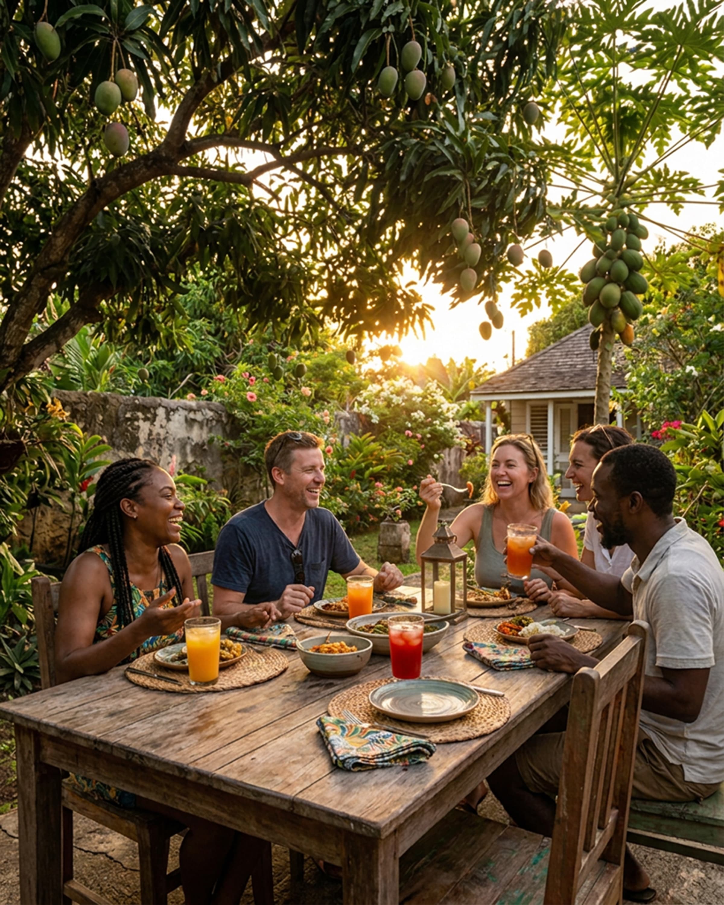 Diverse friends laughing and dining outdoors under mango and papaya trees at sunset.